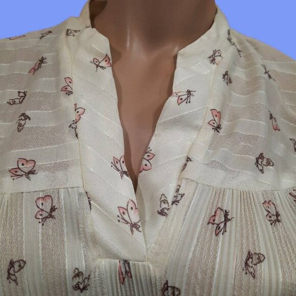 Vintage 70s Pleated Floral Butterfly Dress Cream Semi Sheer Long sleeve size M - Picture 4 of 12